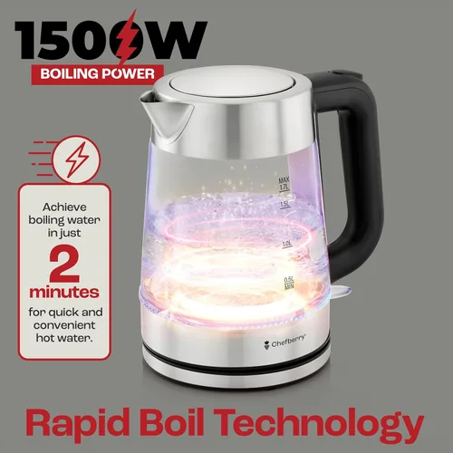Vista 3 de Hervidor eléctrico para hervir té caliente y agua Hervidor de vidrio de borosilicato de acero inoxidable de 1.8L sin plástico, apagado automático