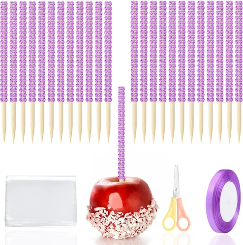 Vista 13 de Bling Candy - Palitos de manzana con diamantes de imitación de 6 pulgadas, brochetas puntiagudas de madera para mesa de postre, fiesta de té