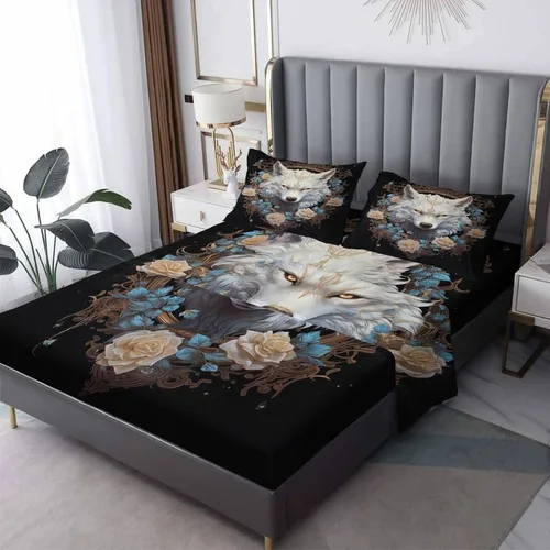 Vista 8 de Juego de sábanas tamaño individual: sábanas de lobo aullador, sábanas y fundas de almohada, microfibra suave, bolsillo profundo y sin arrugas, 1