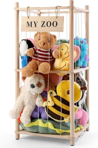 GLDZI Almacenamiento de Animales de Peluche Zoo, Organizador de Animales de Peluche de Madera con Cuerdas Elásticas para Niños y Niñas, Soporte de