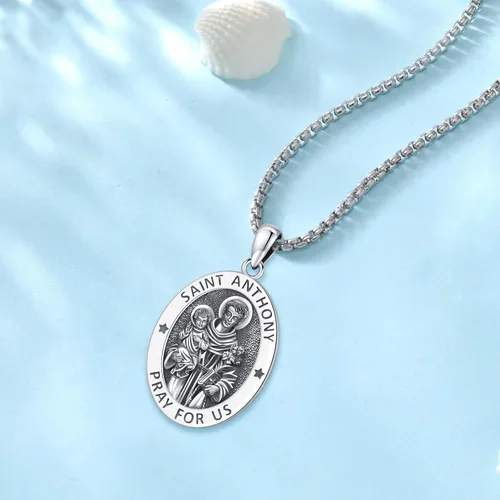Vista 2 de Collar de plata de ley S925 con amuleto de San Patrón, Medalla de protección para hombres y mujeres