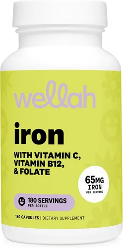 Wellah Suplemento de hierro para mujeres (65 mg) 180 cápsulas - con vitamina C, vitamina B12 y folato
