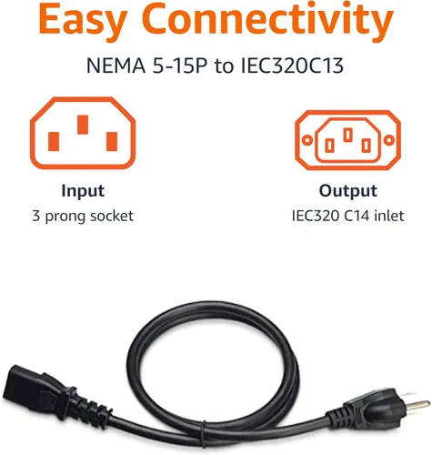 Vista 3 de Yaxa Basics Cable de alimentación para PC, 3 pies, Cable de alimentación CA para monitor, computadora, TV, 3 clavijas, 18 AWG, 125 voltios, negro