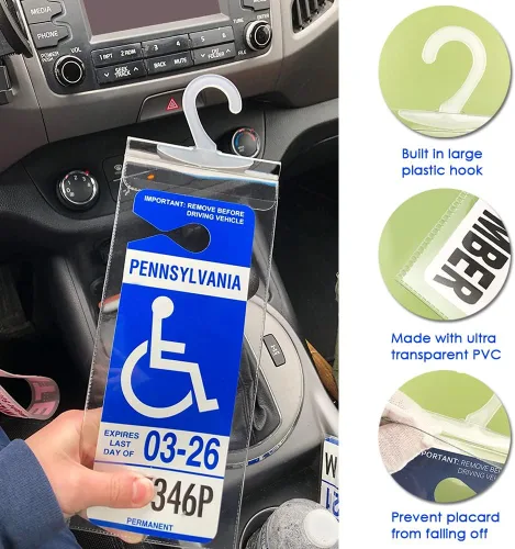 Vista 2 de Handicap Parking Placard Holder, Ultra Transparent Disabled Permit Protective Cover with Large Hanger by Tbuymax (Set of 2)
