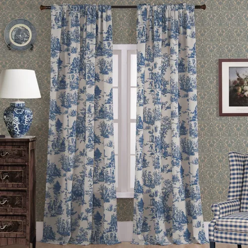 Cortinas azules y blancas de 96 pulgadas de largo para sala de estar, juego de 2 paneles de oscurecimiento moderado, cortinas de ventana de algodón