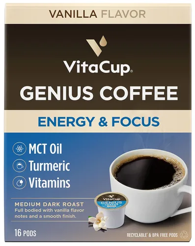 Vista 4 de VitaCup Coffee Pod Genius Vanilla & Lightning - Paquete de 32 cápsulas reciclables con infusión de vitaminas compatibles con cafeteras K-Cup