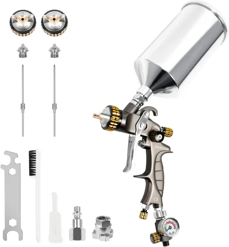 BEETRO - Pistola pulverizadora de aire HVLP, capacidad de 1000ml, 14.3CFM, 29-32psi, boquillas de 1.4mm/1.8mm, acero inoxidable con adaptador tipo
