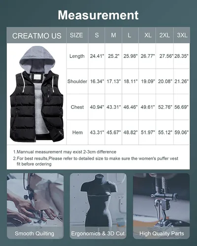 Vista 7 de CREATMO US Chaleco cálido para mujer, chaleco grueso acolchado sin mangas con capucha desmontable