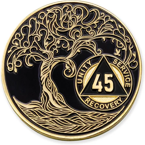 Vista 8 de 1 año Sobriety Mint Twisted Tree of Life Medallón de recuperación AA chapado en oro, chip/ficha - negro