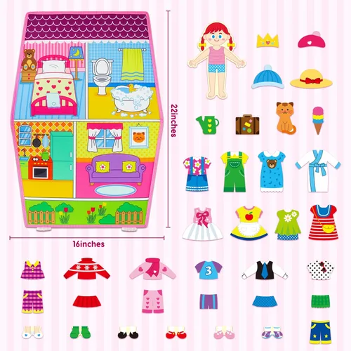 Vista 2 de OKOOKO Tablero de fieltro de casa para disfrazar 35 piezas de doble cara plegable Kit de juego de enseñanza para disfrazarse de niñas, manualidades