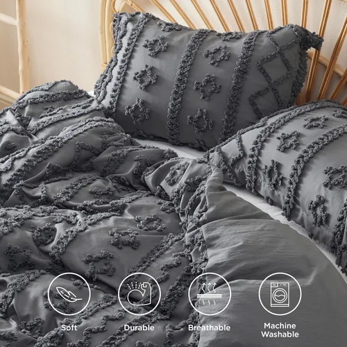 Vista 7 de Bedsure Juego de edredón gris tamaño Queen y funda de edredón bohemia con fundas de almohada, ropa de cama para todas las estaciones