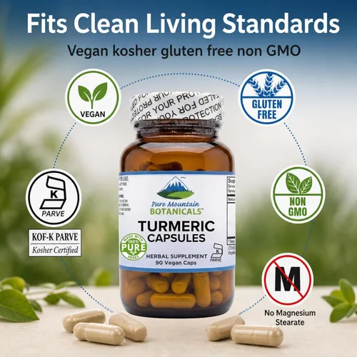 Vista 6 de Pure Mountain Botanicals Curcumina de cúrcuma con pimienta negra - 450 mg - 95% curcuminoides - 5 mg de piperina - 60 cápsulas Kosher veganas