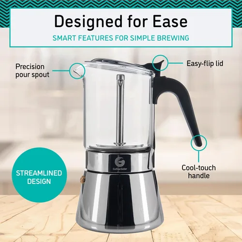Vista 3 de Coffee Gator olla de moka de 4 tazas, cafetera de espresso de 6.7oz para estufa para café italiano, diseño de vidrio transparente y acero