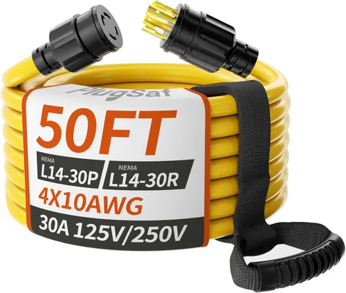 Vista 8 de PlugSaf Cable de extensión para generador de 30 amperios de 10 pies, 4 puntas, NEMA L14-30P/L14-30R calibre 10 STW 125/250 V, cable generador