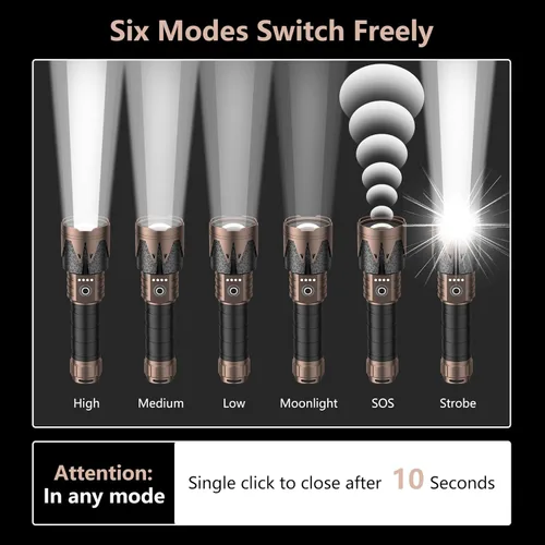 Vista 6 de SKYFIRE Rechargeable Flashlights High Lumens with Ignition Lens,5000 Super Bright Tactical Flashlight,Zoomable,6Modes,Waterproof Flash Light for