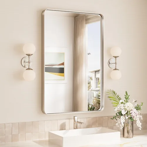 Vista 35 de TokeShimi Espejo de pared de baño de níquel cepillado de 20 x 30 pulgadas, marco de metal, esquina redonda, rectangular, para decoración del hogar
