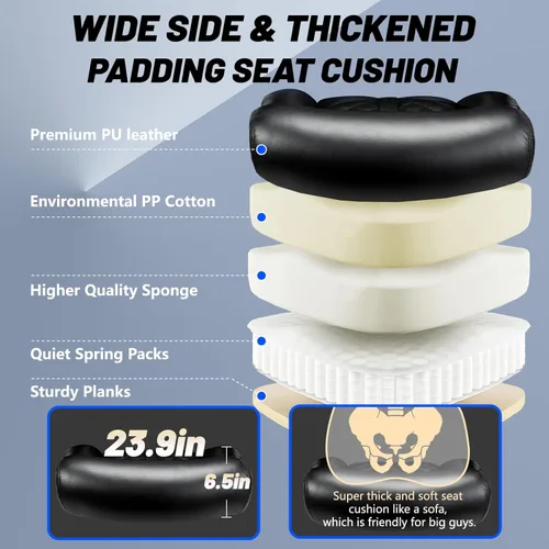 Vista 6 de Silla de oficina grande y alta de 800 libras, silla ejecutiva con reposacabezas ajustable, asiento extra ancho, piel sintética resistente