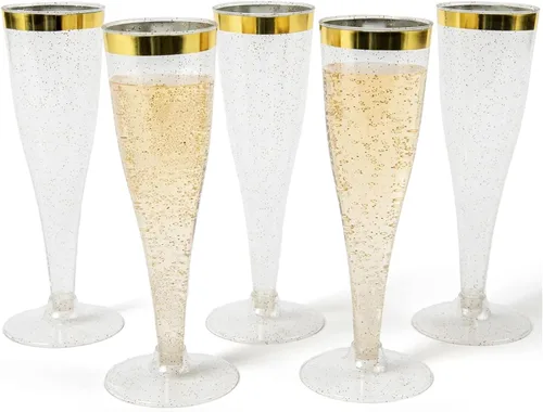 Vista 8 de Prestee 200 Flautas de Champán Desechables con Purpurina Dorada - Copas de Champán de Plástico de 4.5 Oz para Fiestas, Brindis de Boda, Barra