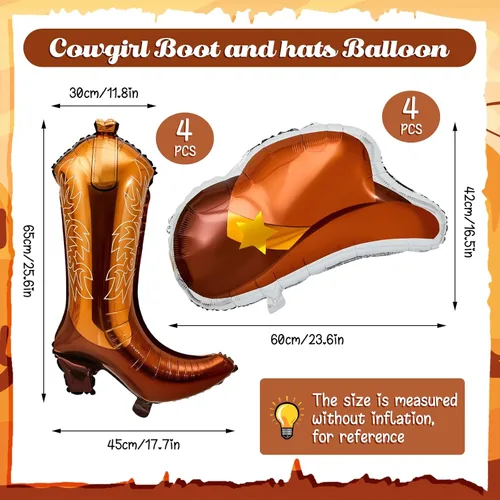 Vista 2 de Wettarn 8 globos de fiesta con temática occidental que incluyen botas de vaquera y sombrero de vaquera, globos de aluminio, decoraciones