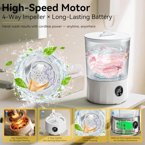 Vista 5 de Lavadora de ropa interior de 1.5 L, mini lavadora portátil recargable con 3 modos de limpieza para ropa personal, ropa interior, calcetines, ropa
