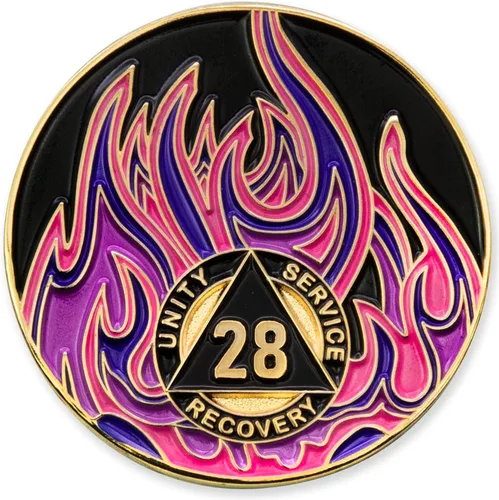 Vista 53 de Medallón de recuperación AA chapado en oro de 1 año Twisted Flames - Negro/Rojo/Naranja/Amarillo