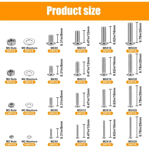 Vista 2 de Juego de 1225 tornillos y tuercas y arandelas planas M2 M3 M4 M5 con cabeza de zócalo de botón hexagonal (plateado, 1225)