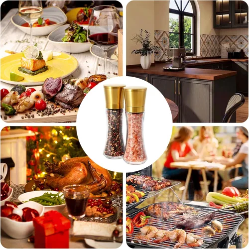 Vista 6 de VEVOK CHEF Juego de molinillo de sal y pimienta dorada de acero inoxidable, coctelera de pimienta ajustable de cerámica, molinillo de sal, pimienta