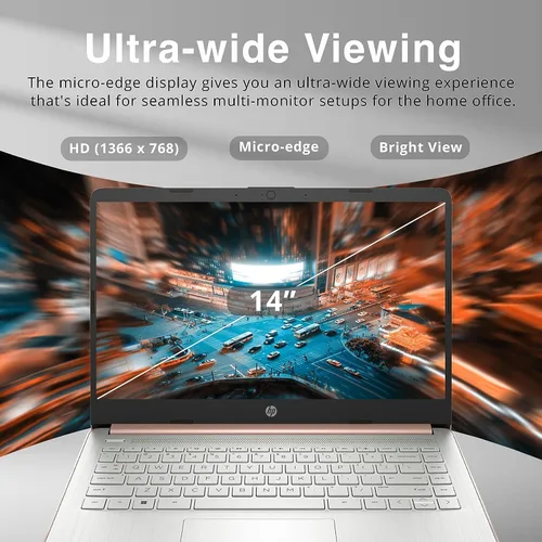 Vista 2 de Laptops HP de 14 pulgadas color oro rosa con Windows 11 - 32 GB de RAM - 192 GB de almacenamiento - Microsoft 365 - Procesador Intel Celeron N4120