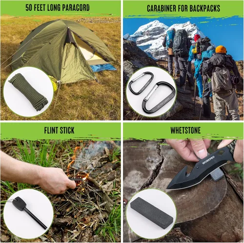 Vista 6 de WORKPRO Hacha de camping y machete con funda, hacha de campamento y cuchillos de hoja fija con mango de paracord, linterna frontal, pedernal, juego