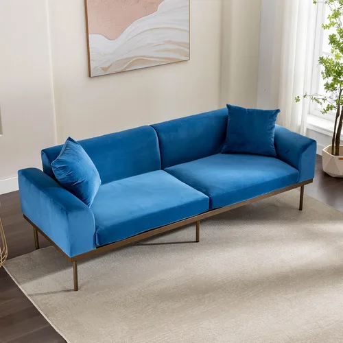 Moderno sofá biplaza de 83 pulgadas con patas de metal, sofá biplaza de terciopelo copetudo con dos almohadas, sofá de mediados de siglo con