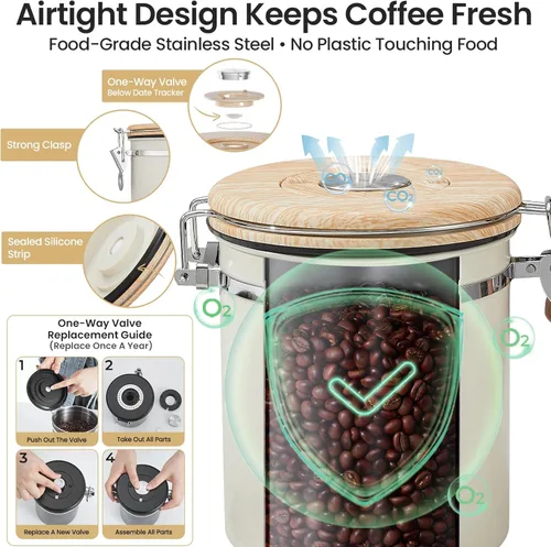 Vista 3 de Veken Recipiente de café, recipiente hermético de acero inoxidable para almacenamiento de alimentos de cocina con rastreador de fecha y cuchara