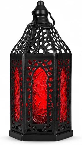 Farol de vela marroquí de 7 pulgadas, portavelas colgante de metal negro vintage con cristal rojo, pequeño farol decorativo para luces de té LED