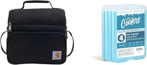 Carhartt Bolsa térmica térmica de lujo con doble compartimento, color negro y Fit & Fresh XL Cool Freezer Slim Ice Pack para lonchera, juego de 4,