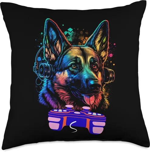 Funny Video Gamer Dog German Shepherd Lovers Cojín para hombre y niño con diseño de pastor alemán para jugar en videojuegos, 18 x 18 pulgadas,