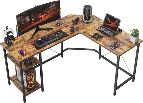 Vista 11 de CubiCubi Escritorio en forma de L de 59 pulgadas con puertos de carga USB y luces LED, escritorio de esquina para computadora con cajón y estante