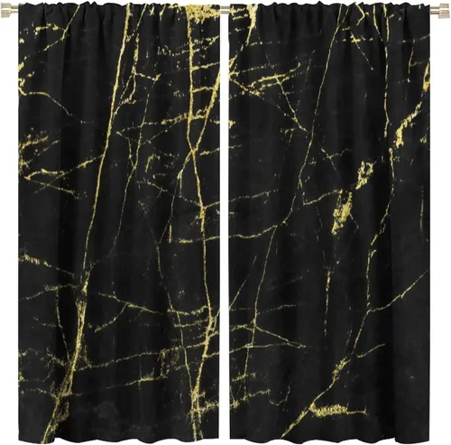 Vista 10 de Cortinas abstractas de mármol de lujo de lujo azul marino dorado a rayas con patrón de mármol estampado para dormitorio, sala de estar, cortinas