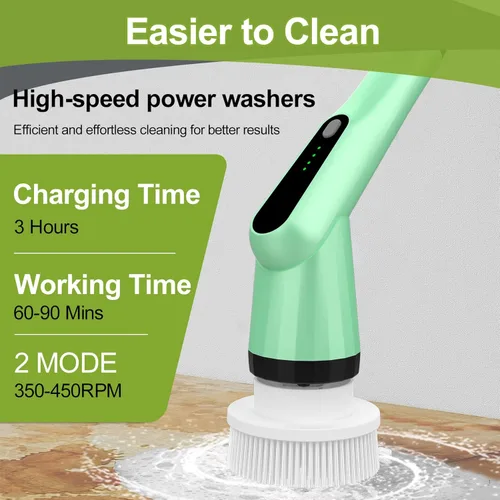 Vista 2 de Cepillo de limpieza eléctrico giratorio, cepillo de ducha con mango largo ajustable, limpiador de ducha con 2 velocidades y 7 cabezales de cepillo