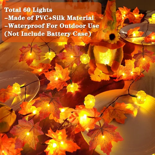 Vista 4 de Guirnalda de otoño con luces de calabaza, 30 pies, 60 luces LED patentadas, hojas de arce ampliadas, funciona con pilas, para interiores