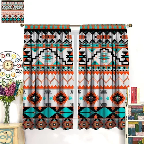 Vista 53 de Cortinas con patrón geométrico tribal, estilo suroeste, azteca, rústico, occidental, nativo americano, opacas, con bolsillo para barra, decoración