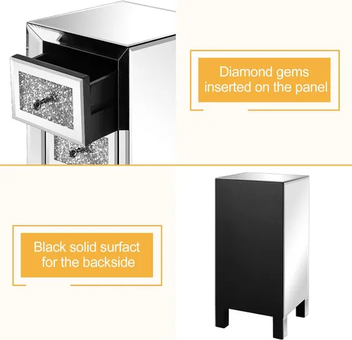 Vista 8 de VINGLI Mesita de noche con espejo de 3 cajones, mesa auxiliar de cristal, totalmente montada, color plateado