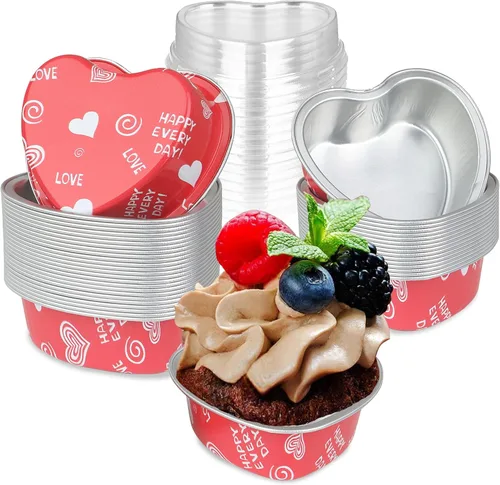Vista 7 de Moldes para pasteles en forma de corazón de 3.5 pulgadas, molde de papel de aluminio con tapas, 25 piezas desechables de corazón pequeño