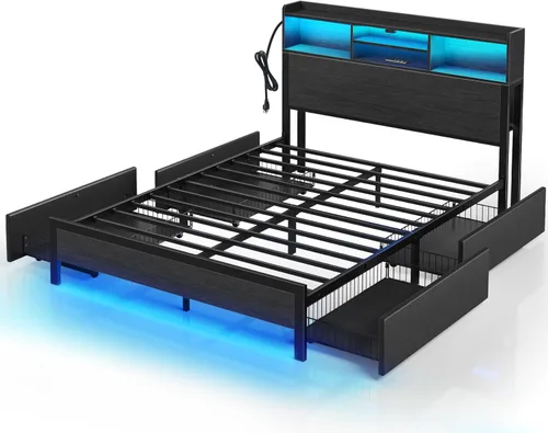 Vista 12 de Rolanstar Base de cama individual con cabecera de almacenamiento, plataforma de metal con estación de carga, cama individual LED con 4 cajones,