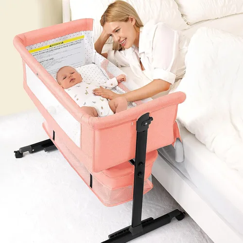 Vista 7 de Moisés para bebé, 3 en 1, para poner al lado de la cama, con ruedas, altura ajustable con modo de balanceo, malla transpirable, cesta de Gris-oscuro