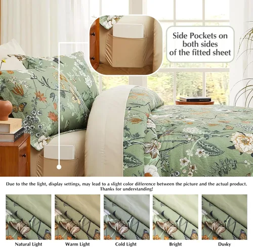 Vista 4 de CASAAGUSTO - Juego de edredón de 5 piezas, diseño floral verde, juego de ropa de cama en una bolsa, con edredón botánico con mariposas, sábanas