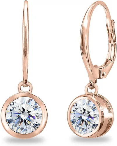 Sterling Silver 6mm Round Bezel-Set Sparkling AAA Cubic Zirconia Dainty Drop CZ Dangle Earrings for Women Girls Bridal