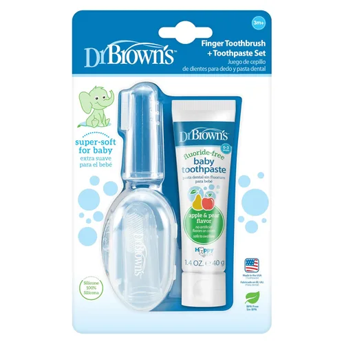 Vista 2 de Dr. Brown's Juego de cepillo de dedos para bebé de 100% silicona y pasta de dientes, paquete de 2 cepillos con estuche de almacenamiento, pasta