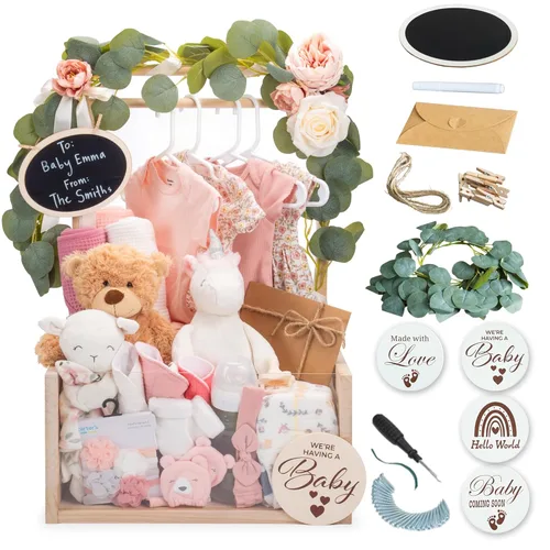 Vista 12 de Armario de madera para baby shower con parte delantera de acrílico transparente, caja de madera personalizable con sistema de doble varilla, cestas
