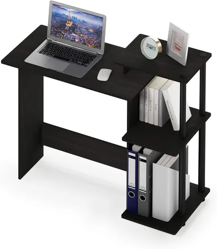 Vista 88 de Furinno - Escritorio compacto para computadora con estantes, Tablero de partículas, Marrón oscuro