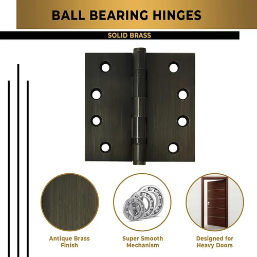 Vista 3 de Bisagra de puerta de latón macizo, rodamiento de bolas resistente, 4 x 4 pulgadas, juego de 2 bisagras (latón antiguo)