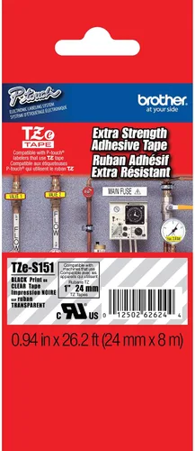 Vista 50 de Brother P-Touch TZe251, Laminated, ~1 in x 26.2 ft (24mm x 8m), Black on White Label Tape Negro sobre blanco